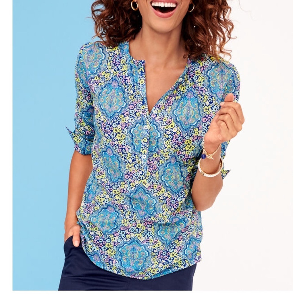 Talbots Long Sleeve Pink Blue Pattern Ruffle Neck Pintuck Popover P211075305- M